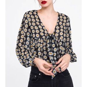 Zara Floral Print Ruffle Daisy Semi Sheer Blouse S